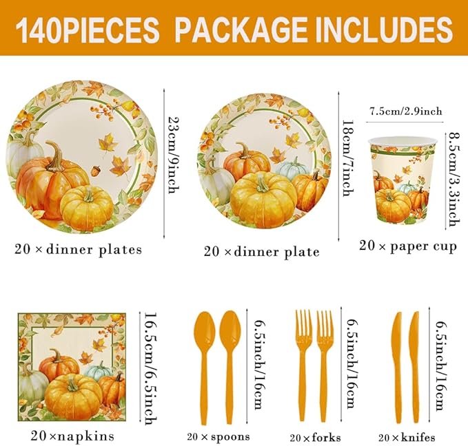 140Pcs Fall Party Supplies Tableware Set Retro Pumpkin Plates and Napkins, Thanksgiving Party Decorations Pumpkin Maple Leaf Paper Plates, Autumn Birthday Party Decor, Serve for 20 Guest
