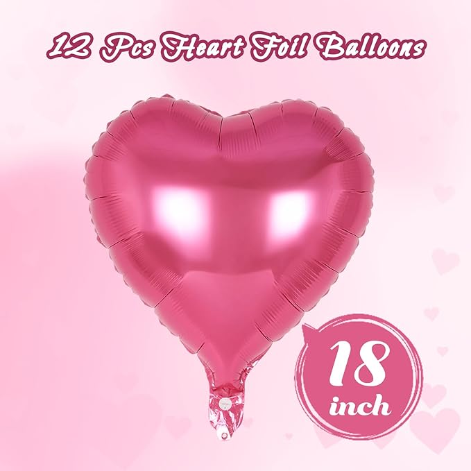 12 Pcs Pink Heart Balloons,18 inch Heart Shape Foil Balloons Love Balloons Valentine Balloons for Birthday Party Wedding Engagement Party Baby Shower Valentine Day Decorations (deep pink)
