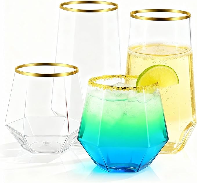 48 Pack Plastic Glasses – 24 x 9oz Stemless Champagne Flutes & 24 x 12oz Stemless Wine Glasses – Elegant Disposable Shatterproof Cup – BPA-Free Drinkware for Weddings, Parties (Gold Rim Diamond)