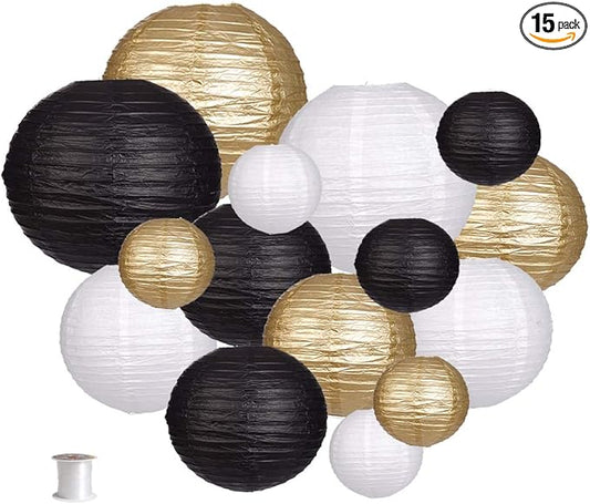 Paper Lanterns Decorative, Round Hanging Paper Lanterns Decorations for Wedding Graduation Anniversary Birthday Party Supplies Black/Gold/White 15pcs
