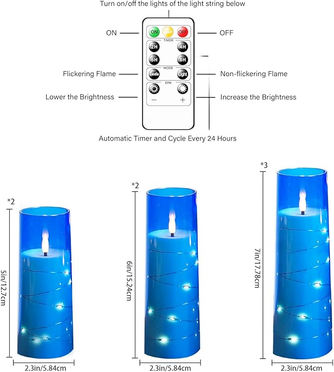 Flameless Candles,with Embedded Star String, Battery Operated Candles Flickering LED Pillar Candles with Remote Control and Timer, Home Decoration Add a Warm and Romantic Atmosphere，Set of 7 (Blue)