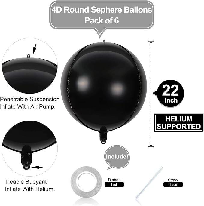 6 Pack Black 22 Inch 4D Foil Balloons Big 360 Degree Round Sephere Mylar Balloons Mirror Finish Metallic Balloons for Wedding,Birthday,Bachelorette,Baby Shower Decorations Party Supplies