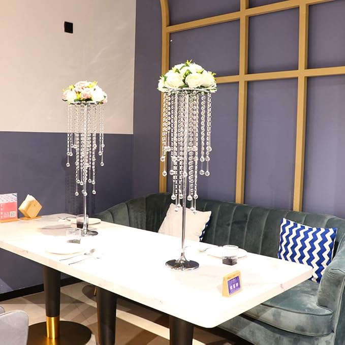 29.5 inches Tall Silver Vases Wedding Centerpieces, Elegant Metal Flower Candle Holder with Chandelier Crystal,for Wedding Party Event,Birthday,Reception,New Year Home Decorations