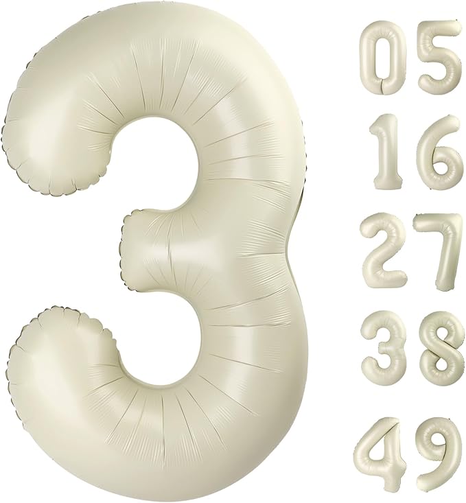 Cream White Large 3 Number Balloon 40 Inch, 3 13 23 30 33 36 38 Cream White Birthday Party Decorations, Number Three Foil Balloons for Anniversary Party Graduations Celebration Supplies
