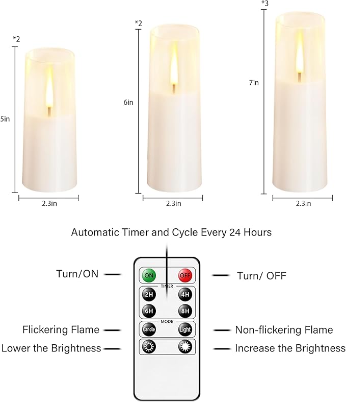 Flickering Flameless Candles 7Pcs Upgraded Realistic Dancing Flame Battery Operated Candles,LED Candles with Remote and Timers,Acrylic Electric Pillar Candles for Festivals Decor(White)