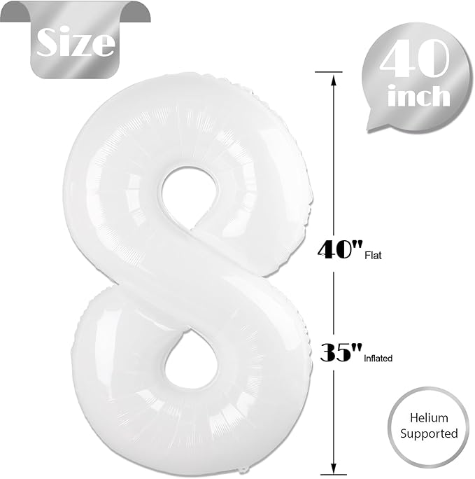 White Number 8 Balloon 40 Inch, 8th Birthday Party Decorations for Children, Giant 8 Foil Balloon for Party Supplies