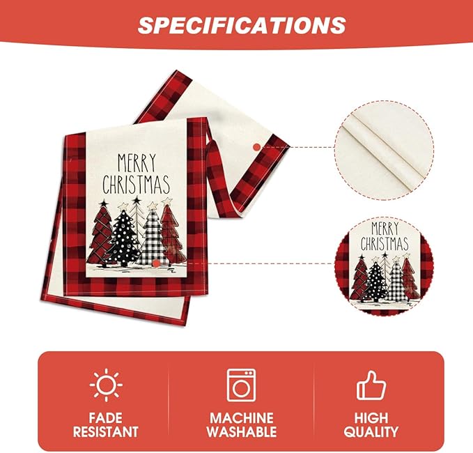 Artoid Mode Red Buffalo Plaid Xmas Trees 2PCS Merry Christmas Table Runner, Seasonal Winter Holiday Table Decoration for Home Party Decor 13 x 72 Inch