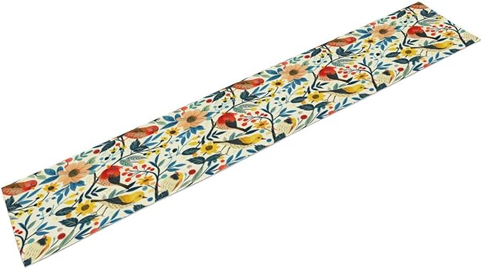 Flowers Birds Spring Table Runner, Colorful Birds Branches Floral Seasonal Kitchen Dining Table Decoration for Home Party Decor 13x120 Inch