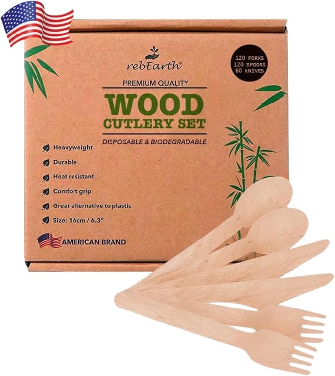 rebEarth 300 PCS disposable 120 Forks 120 Spoons 60 Knives All Natural Eco-Friendly Heavyweight Cutlery Set 6.3" - Durable, Heat Resistant - Perfect Alternative to Plastic for Every Occasion