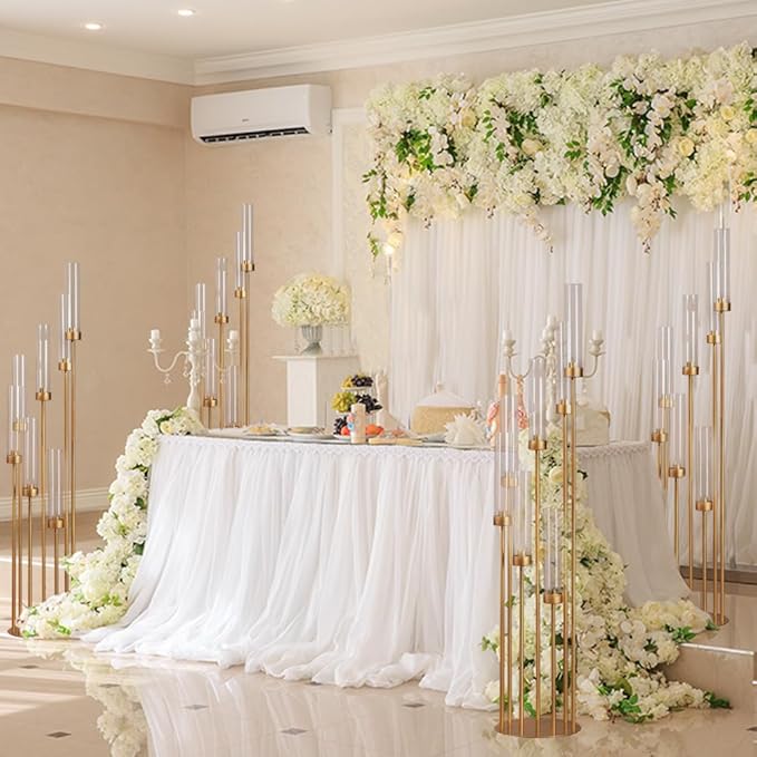 Gold Candelabra Wedding Centerpieces for Tables,Floor Candelabra Candlestick Holders 7 Arm Candle Holder Acrylic lampshade for Christmas Event candelabros para centros de mesa Fit 0.98" LED Candle