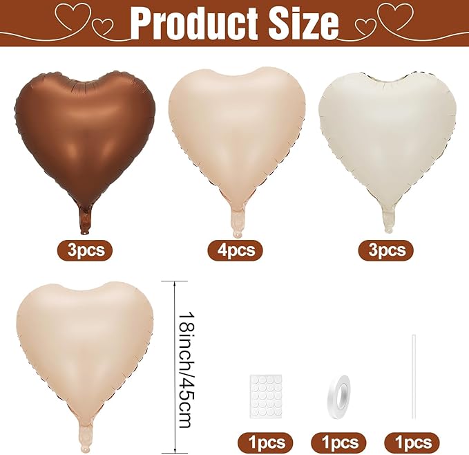 Sand White Brown Heart Balloons,10Pcs Apricot Beige Foil Heart Shaped Balloons,18Inch Boho Cream Nude Neutral Helium Balloon for Valentines Engagement Birthday Baby Shower Wedding Party Decorations