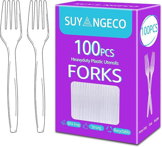 [100 Count] Heavy Duty Clear Plastic Forks Disposable Plastic Fork Bulk Utensils Reusable Cutlery Set Thick Plasticware Silverware for Party,Every Day Use,Picnic,Camping,Wedding,Barbecues