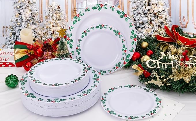 GATHER 176Pcs Christmas Plastic Plates - Green Christmas Plates Disposable and Red Cutlery Set Includes 50 Plate 75 Plastic Silverware 25 Cups 25 Napkins and 1 Tablecloths for Xmas Party