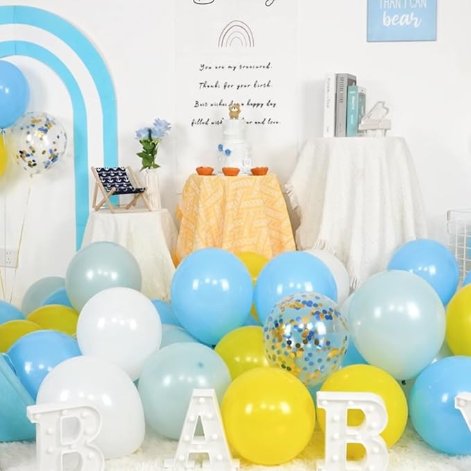 Paready 50pc Blue & Yellow Balloons - 12in Dusty Blue, White & Yellow Latex Balloons with Confetti for Boys Birthday, Baby Shower, Anniversary & Wedding