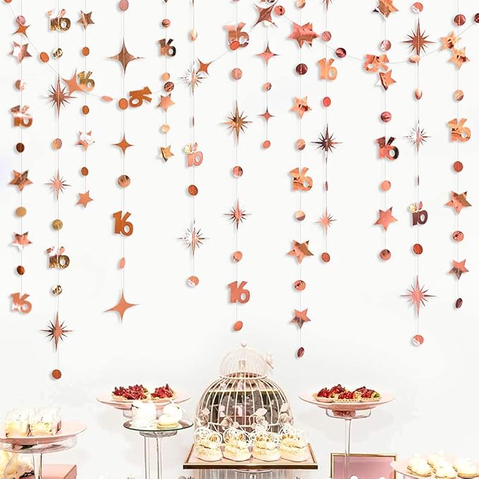 Rose Gold Number 16 Circle Dot Twinkle Star Garland Kit Metallic Hanging Streamer Bunting Banner Backdrop Decorations for Girls 16th Birthday Sweet Sixteen Wedding Anniversary Bridal Shower Party