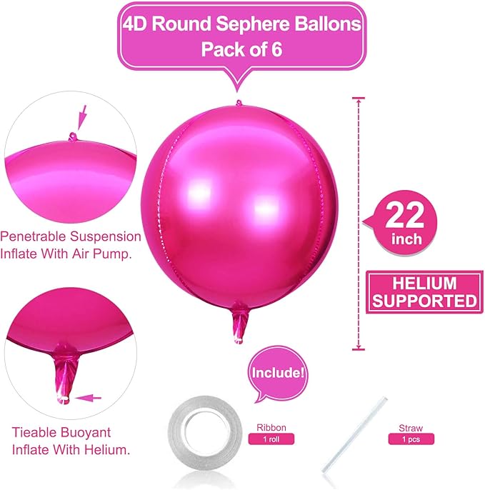 6 Pack Hot Pink 22 Inch 4D Foil Balloons Big 360 Degree Round Sephere Mylar Balloons Mirror Finish Metallic Balloons for Wedding,Birthday,Bachelorette,Baby Shower Decorations Party Supplies