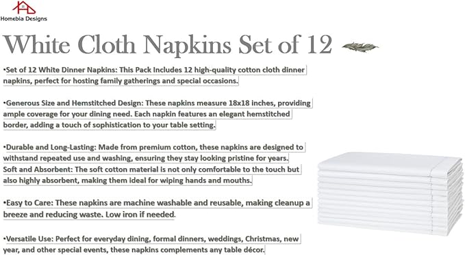 Cotton Cloth White Napkins Set of 12 - with Hemstitched 18x18 Inch Decorative Beautiful Soft Reusable Washable Dinner Napkin for Dining Table Décor, Wedding, Cocktail, Party, Easter & Everyday Use