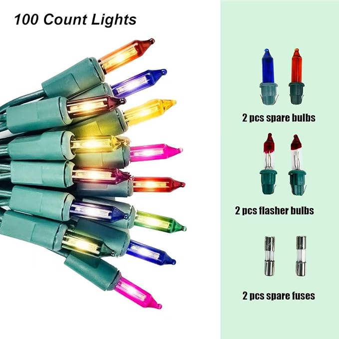 Christmas Lights 100 Counts,Multicolor Indoor Outdoor,Green Wire Connectable of Incandescent Lighting String,Decorations for Holiday, Party,Festival,Christmas String Lights (Green-Multi)