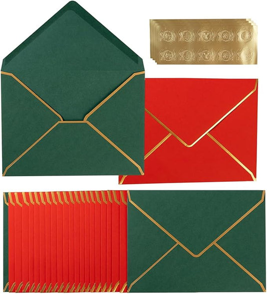100 Pack Christmas A7 Envelopes 5x7 Envelopes Green Red with Gold Border for Office, Wedding Gift Cards, Invitations, Graduation, Baby Shower, Parties, 5.32 x 7.28 Inches