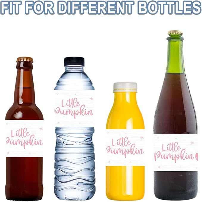 100Pcs Pink Little Pumpkin Girl Baby Shower Water Bottle Labels Waterproof Wrappers for Fall Baby Shower Decorations and Party Drink Stations
