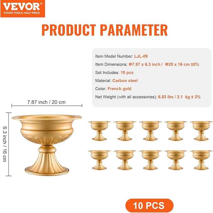VEVOR 10PCS 16cm/6.3” Tall Wedding Flower Vase, Metal Wedding Centerpiece, Gold Floral Arrangement Stand Display Rack for Tables Wedding Dinner Party, Anniversary Ceremony Birthday Event Decor