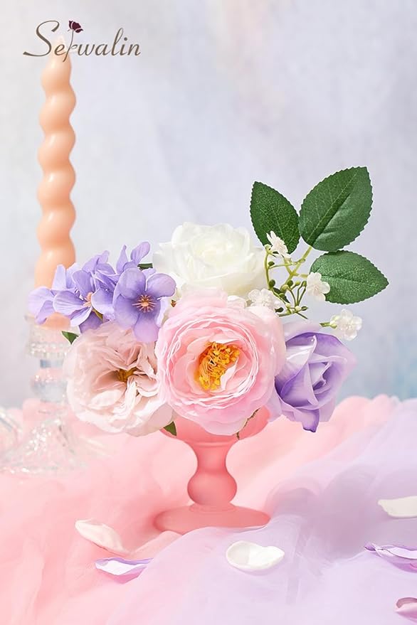 Serwalin Artificial Pink & Purple Flowers, Silk Fake Flowers for DIY Wedding Bouquets Cake Flower, Table Centerpieces Baby Shower Birthday Party Home Decorations