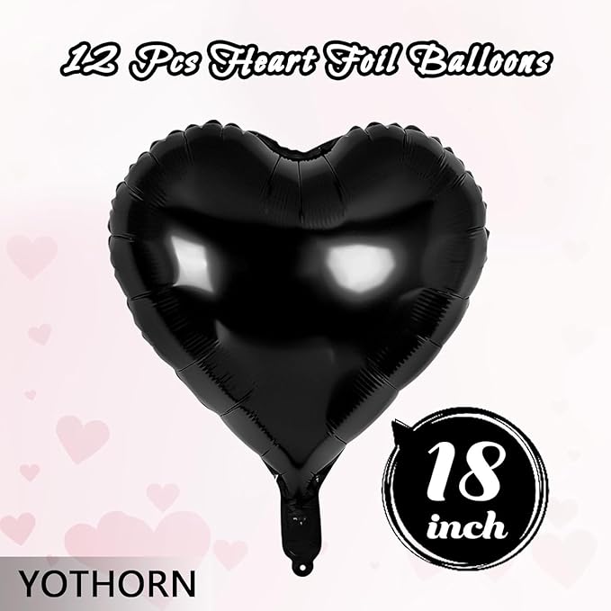 12 Pcs Black Heart Balloons,18 Inch Heart Foil Mylar Balloons,Black Birthday Decoration,Love Balloons Valentine Balloon for Birthday Party Wedding Baby Shower Valentine Day Decorations (black)