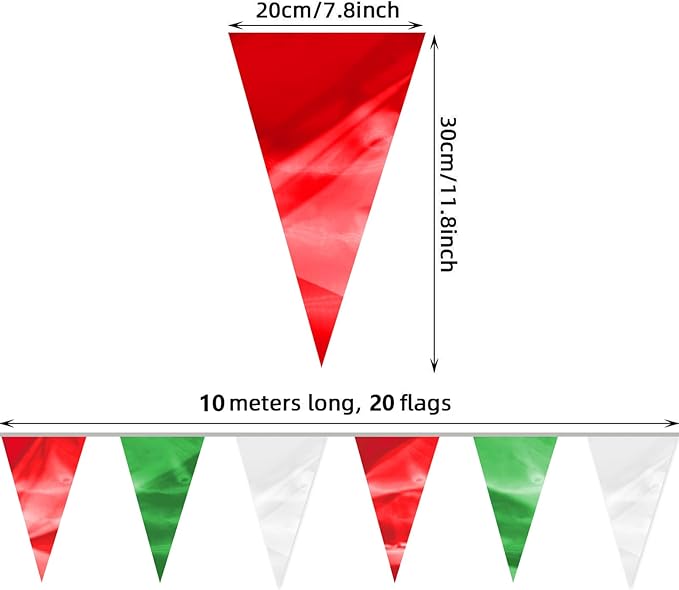 65FT White Green Red Glitter Triangle Pennant Banner Flag Metallic Bunting Fabric Garland for Christmas Italy Mexican Birthday Baby Shower Wedding Banners,New Years Winter Decor Ouruola