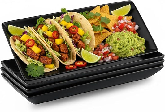 Gomakren Black Serving Platter Set of 4 Porcelain Serving Plates Rectangular Halloween Serving Dishes and Platters Serving Trays for Party Appetizer Sushi, 10 Inch Black Serveware Thanksgiving Gifts