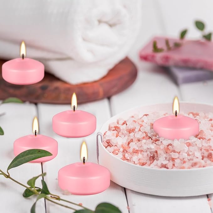 12 pcs 2-inch Floating Candles, Pink, smokeless and unscented, Burns continuously for 5-6 Hours, be Good for Holidays, Weddings, Vacations, and Home décor