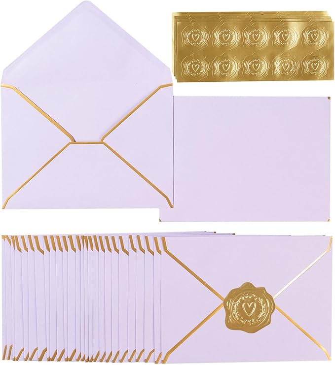 100 Pack A7 Envelopes 5 x 7 Card Envelopes V Flap with Gold Border for Office, Wedding Gift Cards, Invitations, Graduation, Baby Shower, Parties, 5.32 x 7.28 Inches (Violet)
