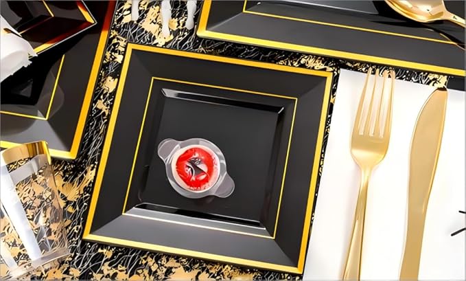Festiva 350Pcs Black and Gold Plastic Plates-50Guests Disposable Square Black Dinnerware Set include 100 Plastic Plates,50Cups,150Plastic Cutlery,50Napkins for Halloween Party &Wedding&New Year