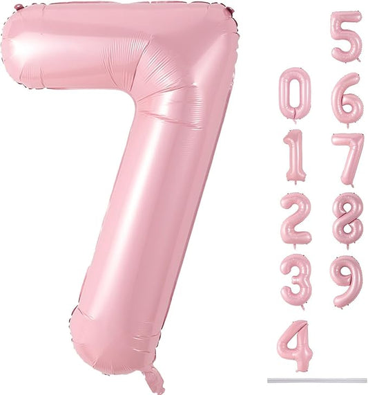 Light Pink Foil Balloon Number 7, 40'' Giant Self Inflating Number Balloons Set 0-9, Large Pastel Pink Number 7 Helium Balloon for Girls 7th Birthday Princess Party Decorations Supplies