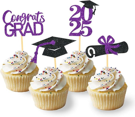 24Pcs Graduation Cupcake Toppers, Graduation Cupcake Picks for Cupcake Food Decorations - Class of 2025 Cupcake Toppers Supplies (Purple)