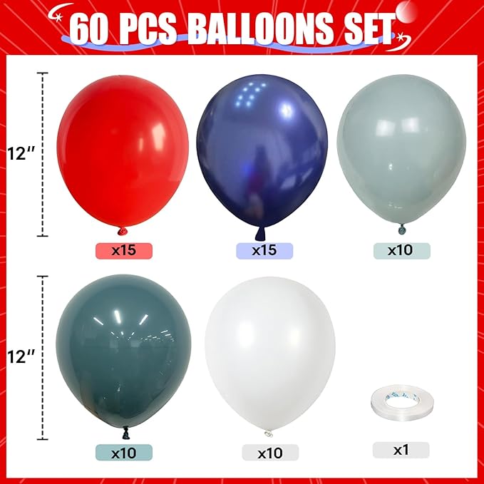 Red Blue White Balloons, 60 PCS 12 inch Navy Light Blue Red and White Balloons for Baseball Birthday Party Britain Sporting Patriotic Labor Memorial Day 4th of July Independence Day Decorations