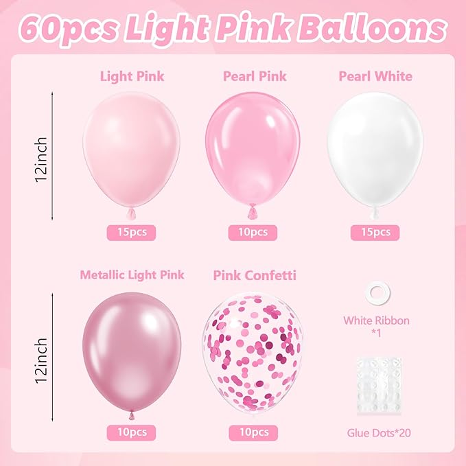 Light Pink and White Balloons, 60pcs 12inch Pearl Light Baby Pink Confetti White Balloons for Wedding Bridal Shower Baby Shower Pink Birthday Decorations