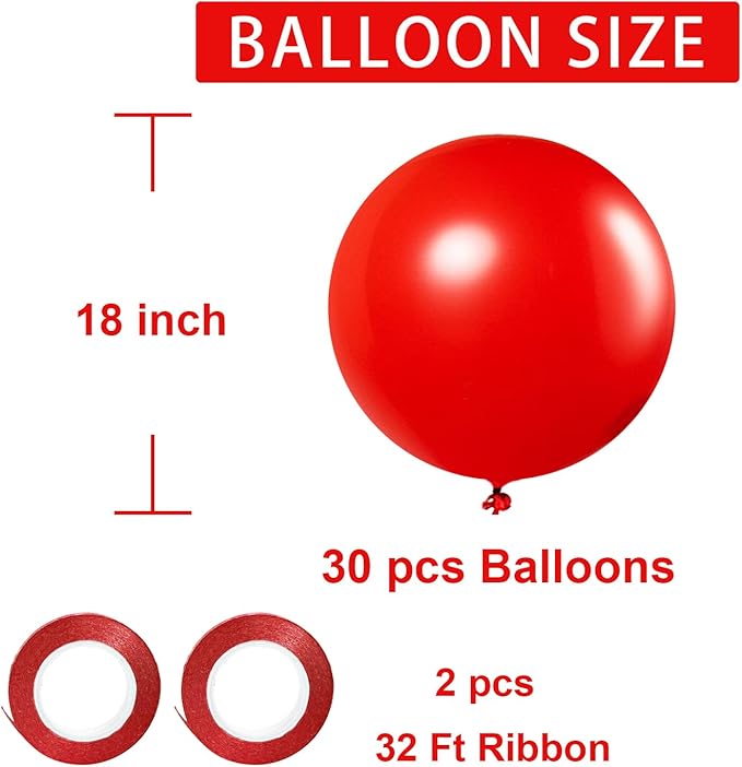 Red Balloons Red Birthday Decorations 30 Pack 18 inch Round Latex Balloons for Wedding Anniversary Birthday Valentine's 4th of July Independence Memorial Day Patriotic Party Decorations
