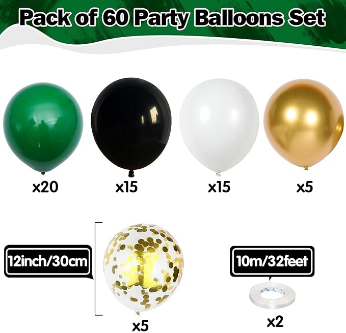 Black Gold Green Balloons 60 Pcs Dark Green White Black Metallic Gold Balloons 12 Inch Football Soccer Video Game Christmas Balloon for Boy Men Jungle Graduation Baby Shower Birthday Party Decorations