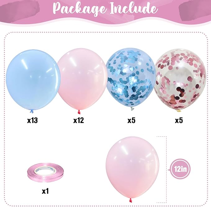 Pink and Blue Balloons Set, 35 Pack Pastel Pale Blue Pink Confetti Latex Balloons, 12 Inch Light Blue Pink Balloon Kit for Boy or Girl Gender Reveal Party Birthday Baby Bridal Shower Party Decorations