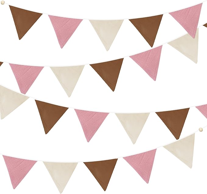 2 Sets of Brown Dusty Pink Beige Nursery Garland 24Pcs Linen Fabric Baby Banner Triangle Pennant Flags Streamers for Kids Girls Birthday Boho Baby Shower Party Decorations Baby Bedroom Nursery Decor