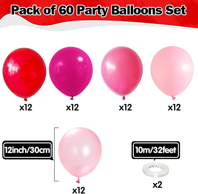 Red Pink Balloons 60 Pcs 12 Inch Fuchsia Hot Pink Rose Red Balloon Neon Pink Magenta Strawberry Berry Helium Balloons for Girls Princess Wedding Valentine Baby Shower Birthday Party Decorations