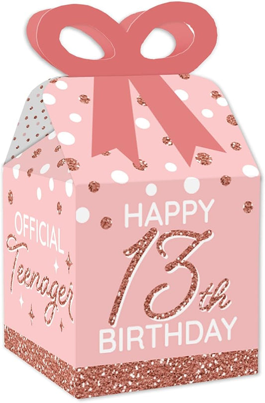 Big Dot of Happiness 13th Pink Rose Gold Birthday - Square Favor Gift Boxes - Happy Birthday Party Bow Boxes - Set of 12