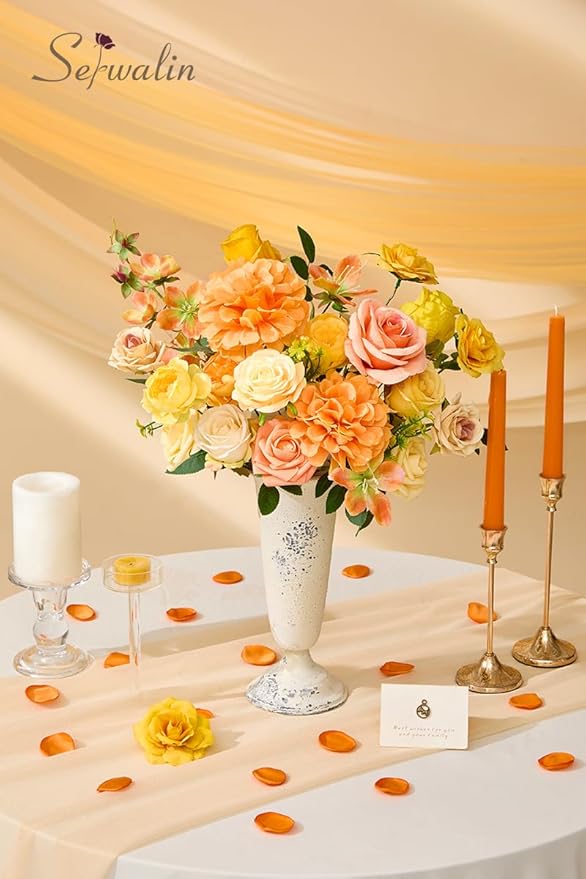 Serwalin Artificial Yellow Orange Fall Flowers, Autumn Silk Fake Flowers for DIY Wedding Bouquets Cake Flower, Table Centerpieces Baby Shower Birthday Party Home Decorations