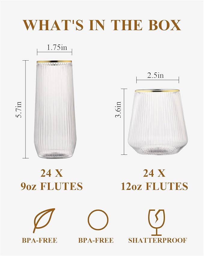 48 Pack Disposable Ribbed Origami Ripple Plastic Glasses Set - 24 9 OZ Stemless Champagne Flutes & 24 12OZ Cups, BPA-Free Shatterproof Clear Drinkware for Weddings, Parties & Events(Gold Rim)