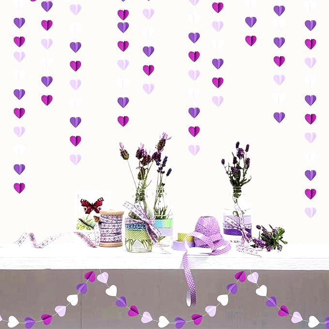 Purple White Lavender Party-Decorations Heart-Garland - 39Ft 3D Women Girl Birthday Supplies Hanging Paper Streamers Banner,Baby Bridal Shower Wedding Engagement Bachelorette Graduation Decor Ouruola