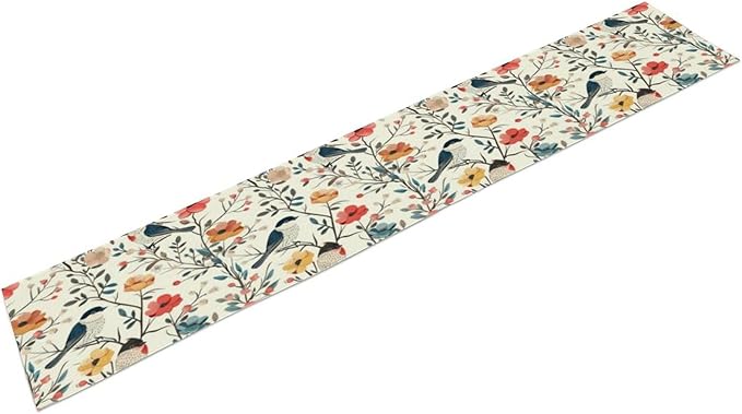 Spring Bird Floral Table Runner,Birds Table Runner Burlap Table Decoration for Summer Seasonal Home Kitchen Dining Dinner Indoor Holiday Farmhouse Decor 13x90 Inch