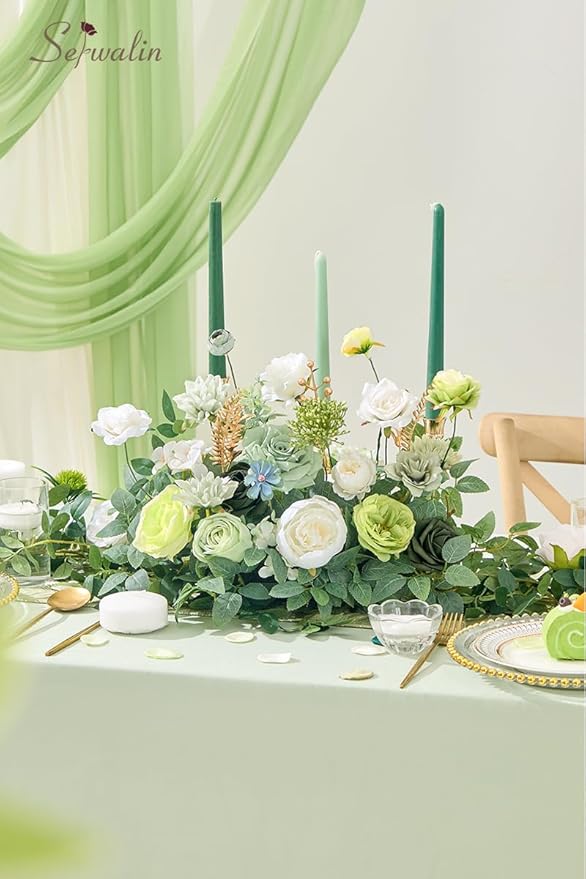 Serwalin Artificial Silk Flowers Green, Fake Flowers Stems for DIY Wedding Bouquets, Baby Shower Centerpieces, Cake Decor, Birthday Party & Home Decor