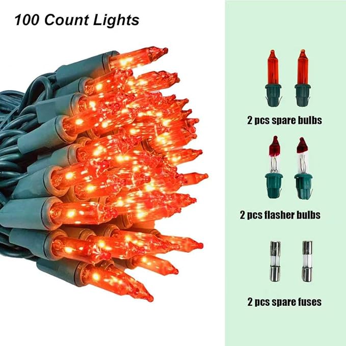 Christmas Lights 100 Counts,Orange Bulb with Green Wire Indoor Outdoor,Connectable of Lighting String,Decorations for Holiday, Party,Festival,Christmas String Lights (Green-Orange)