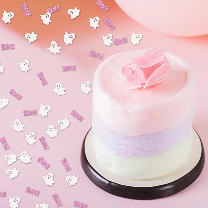 120pcs Baby Boo Confetti, Ghost Paper Scatter, White&Pink Glitter Little Boo Table Scatter for Girl, Halloween Theme Baby Shower/First Birthday Party Decoration