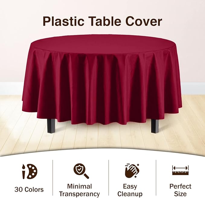 Party Solids 6-Pack Premium Plastic Tablecloth 84in. Round Plastic Table Cover - Burgundy